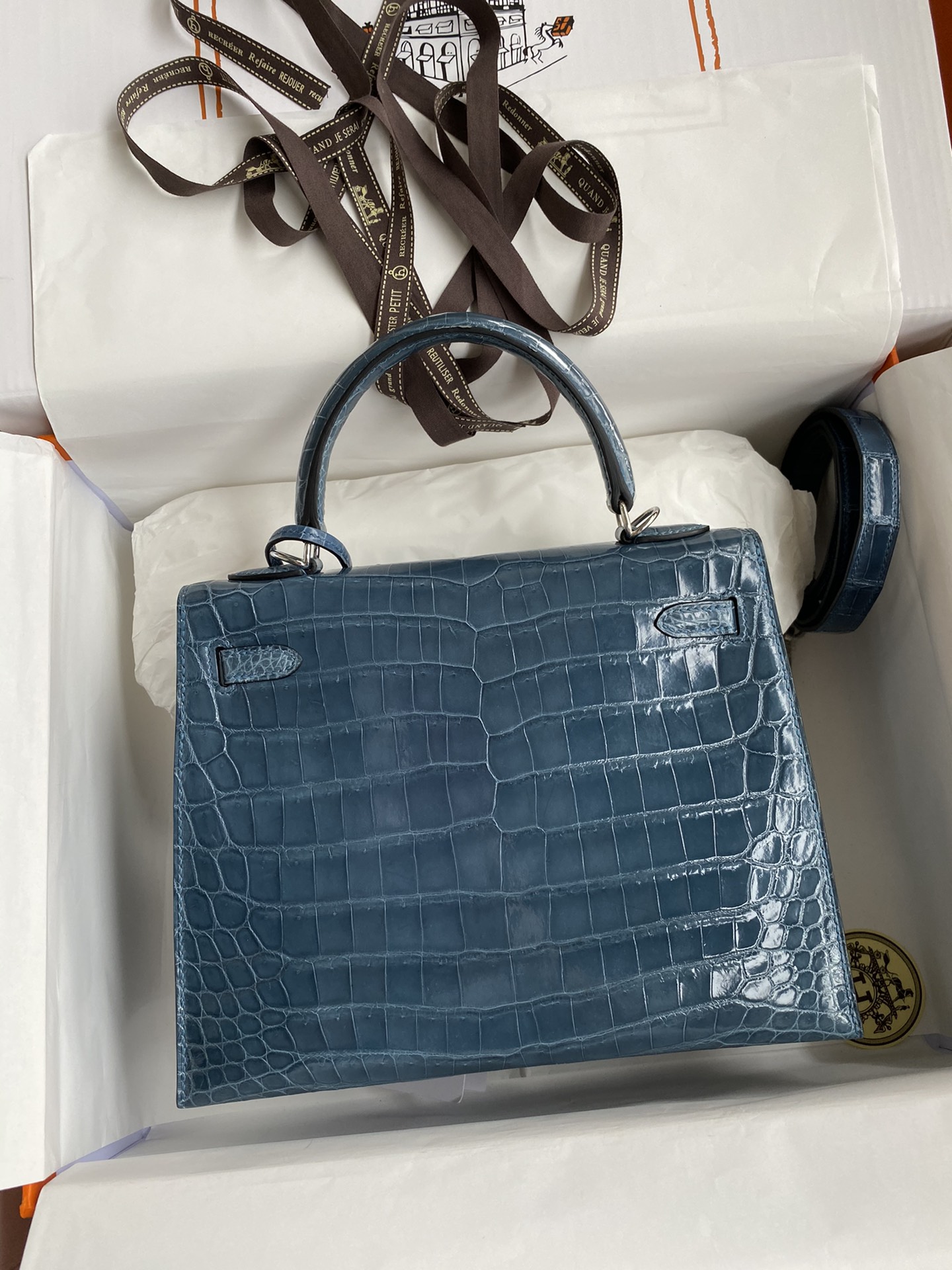 Hermes Kelly 25cm Handbag Shoulder Bag In Blue Jean Shiny Crocodile Niloticus Leather